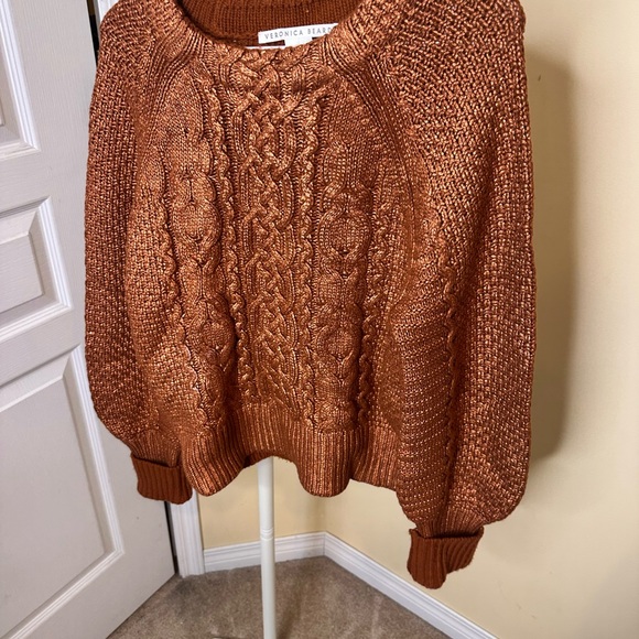 Veronica Beard Yola foil finish cable-knit pullover sweater in copper. - Picture 3 of 7